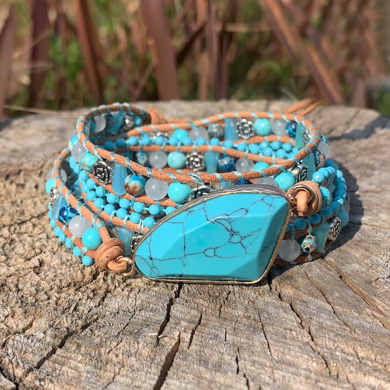 Triangular Turquoise Statement Multi-Wrap Leather Bracelet - image 2