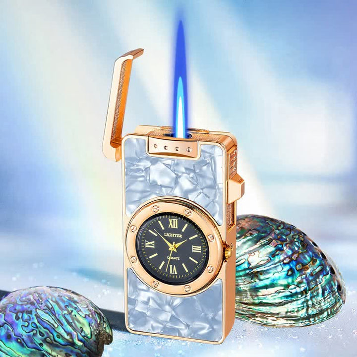 Time Flame Colorful Shells Butane Lighter With Clock - White Fritillary - Gold - image 11