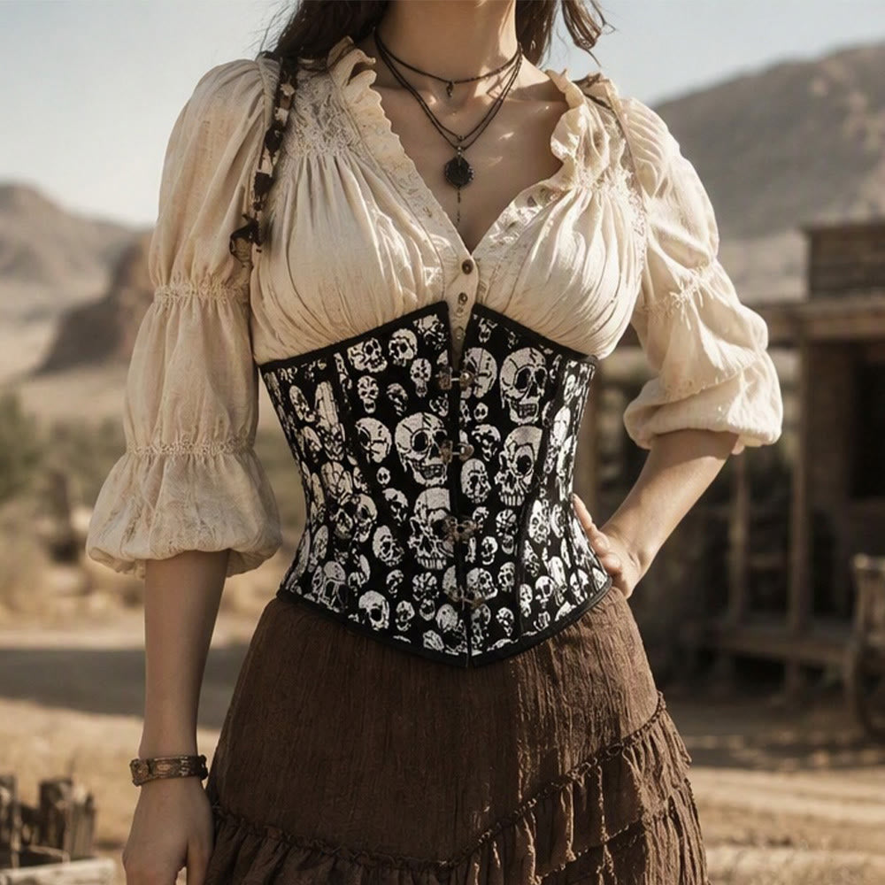 Women's Gothic Skull Printed Elastic Front Clasp Waist Cincher Corset for Halloween Punk Cosplay - image 0