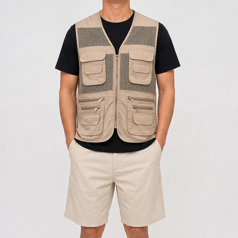 Men's Four Season Zipper Mesh Utility Pure Cotton Vest - image 1