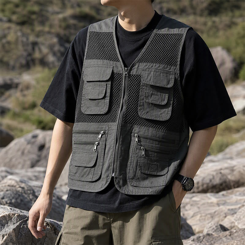 Men's Four Season Zipper Mesh Utility Pure Cotton Vest - Greyish Dark Army Green - 7XL - image 4
