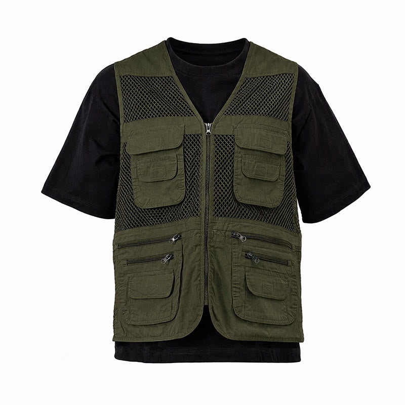 Men's Four Season Zipper Mesh Utility Pure Cotton Vest - Light Army Green - 7XL - image 12