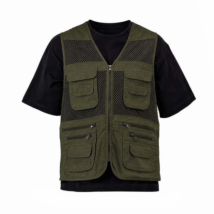 Men's Four Season Zipper Mesh Utility Pure Cotton Vest - Light Army Green - 7XL - image 12