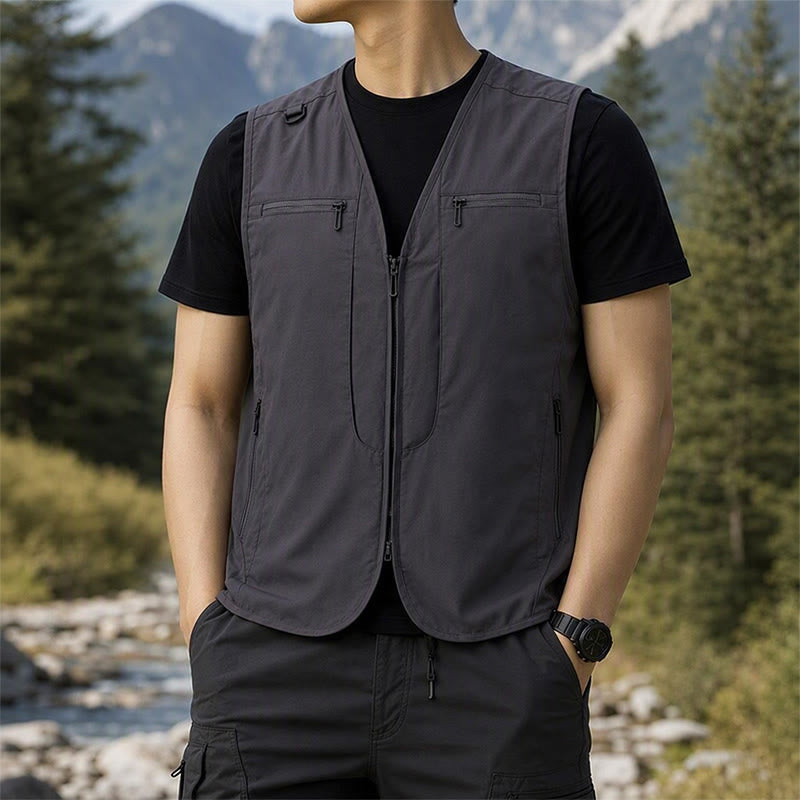 Men's Multi Zipper Pockets Outdoor Quick Dry Utility Waistcoat Vest - Grey - 8XL - image 0