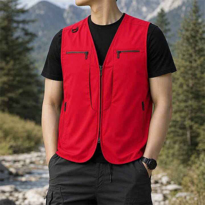 Men's Multi Zipper Pockets Outdoor Quick Dry Utility Waistcoat Vest - Red - 8XL - image 5
