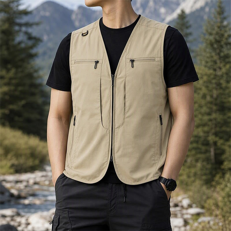 Men's Multi Zipper Pockets Outdoor Quick Dry Utility Waistcoat Vest - Khaki - 8XL - image 6