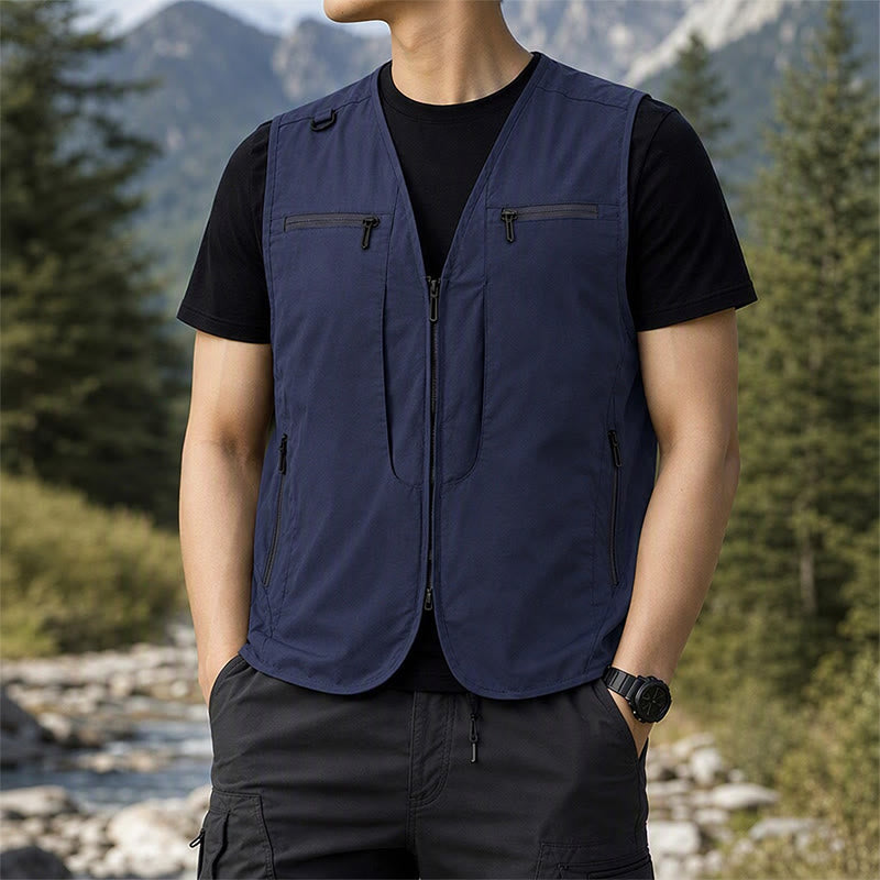 Men's Multi Zipper Pockets Outdoor Quick Dry Utility Waistcoat Vest - Dark Blue - 8XL - image 8
