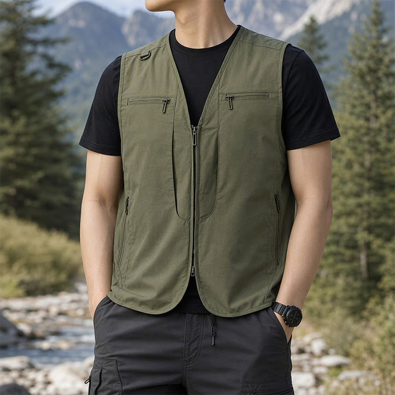 Men's Multi Zipper Pockets Outdoor Quick Dry Utility Waistcoat Vest - Army Green - 8XL - image 7
