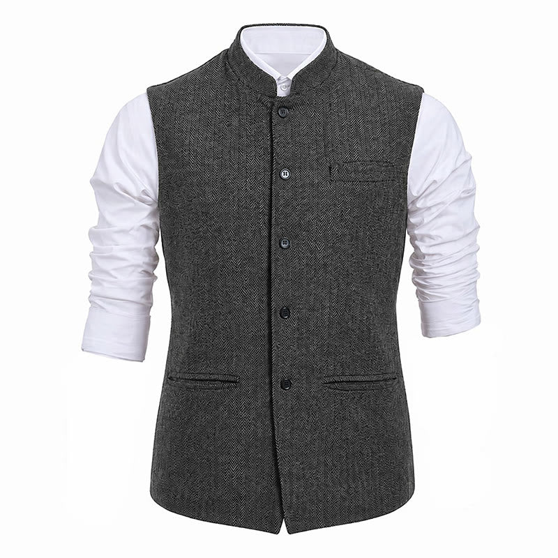Men's Mandarin Collar Herringbone Tweed Waistcoat Suit Vest - image 20
