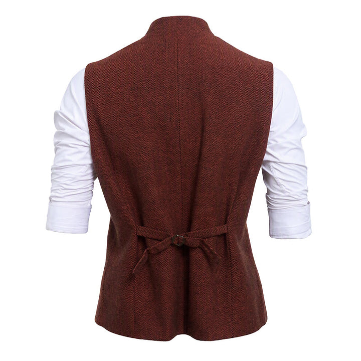 Men's Mandarin Collar Herringbone Tweed Waistcoat Suit Vest - image 19