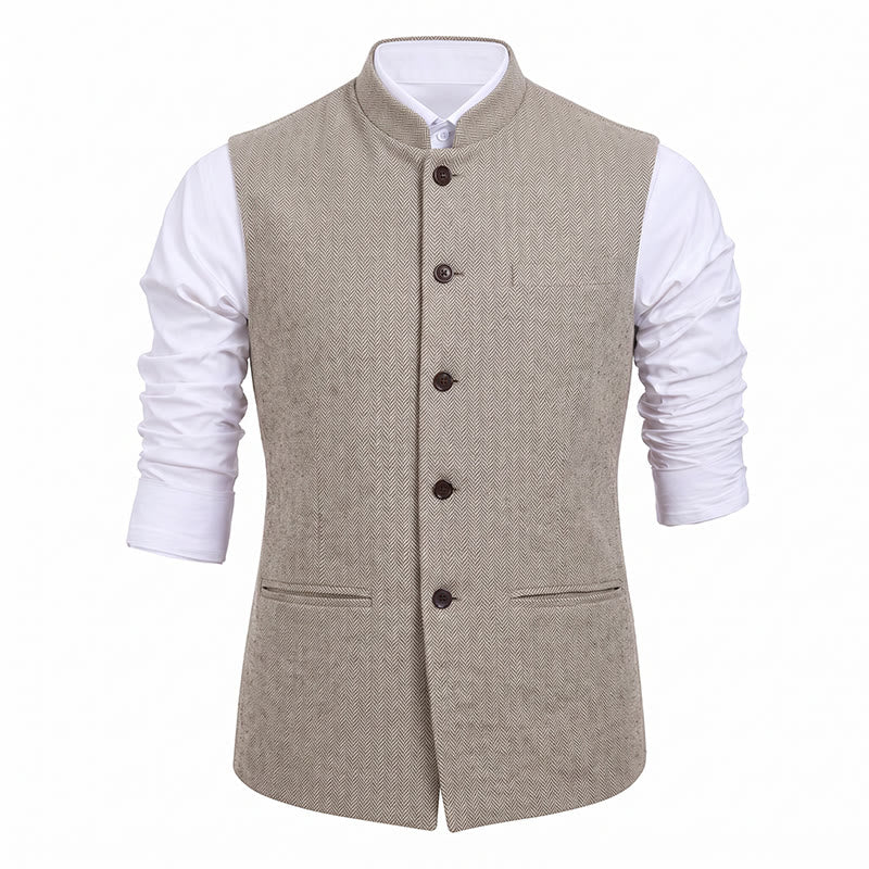 Men's Mandarin Collar Herringbone Tweed Waistcoat Suit Vest - image 33