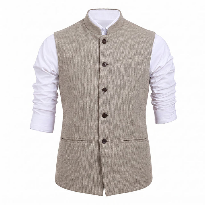 Men's Mandarin Collar Herringbone Tweed Waistcoat Suit Vest - image 33