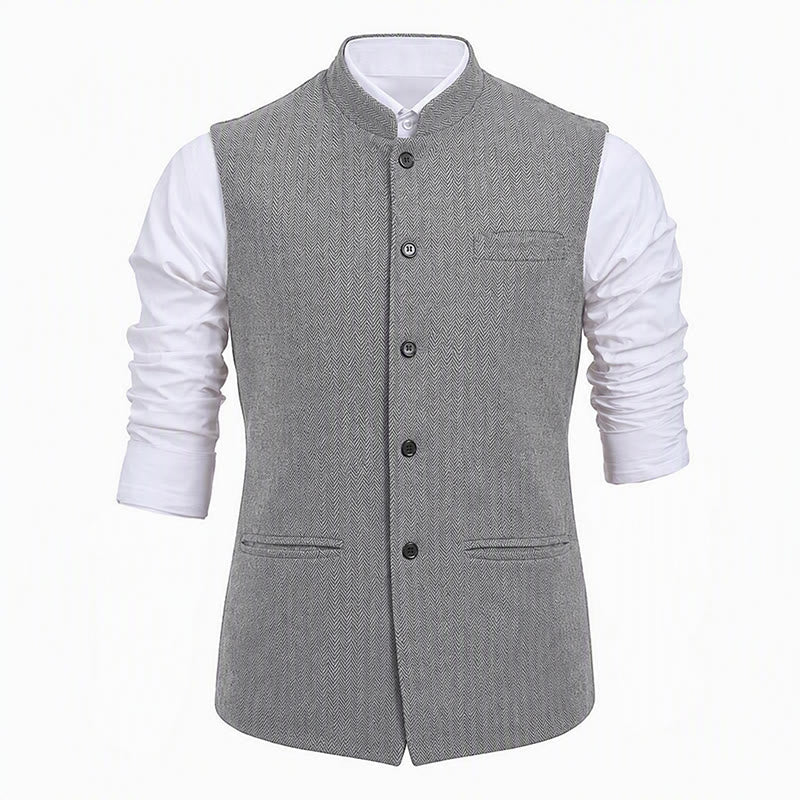 Men's Mandarin Collar Herringbone Tweed Waistcoat Suit Vest - image 21