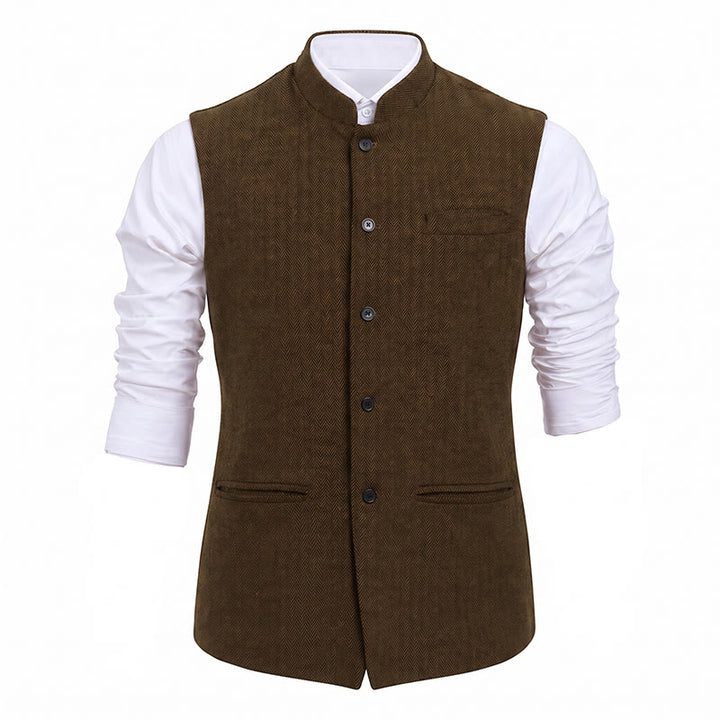Men's Mandarin Collar Herringbone Tweed Waistcoat Suit Vest - image 32