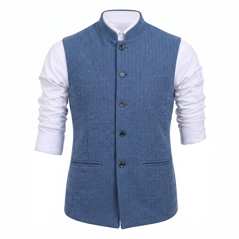 Men's Mandarin Collar Herringbone Tweed Waistcoat Suit Vest - image 29