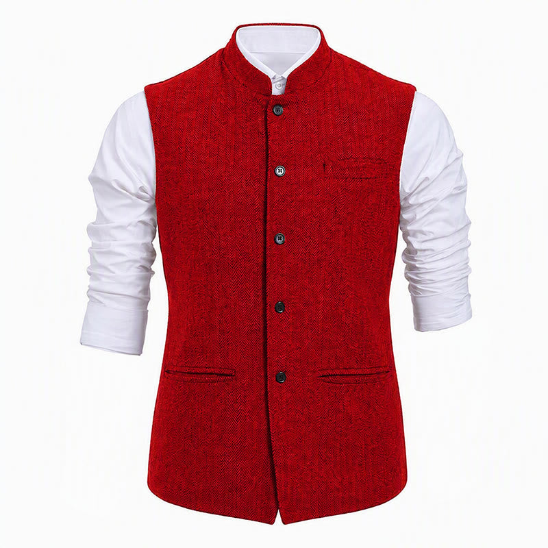 Men's Mandarin Collar Herringbone Tweed Waistcoat Suit Vest - image 23