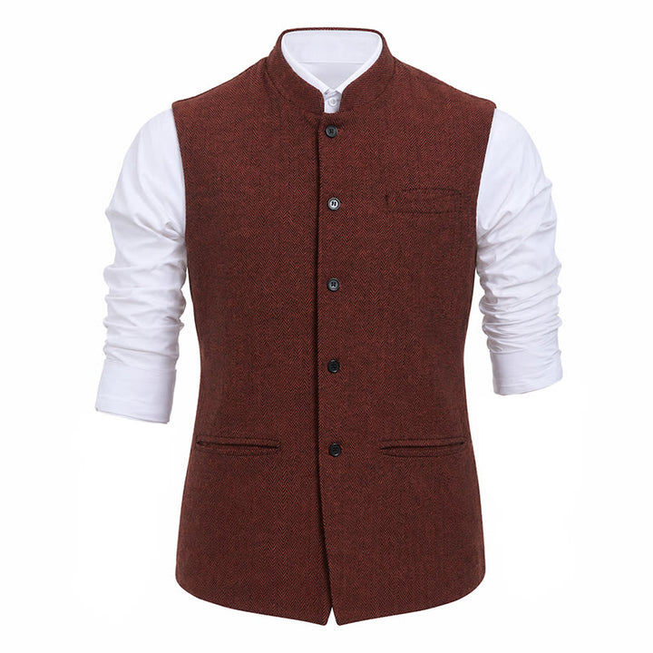 Men's Mandarin Collar Herringbone Tweed Waistcoat Suit Vest - image 18