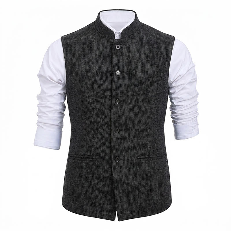 Men's Mandarin Collar Herringbone Tweed Waistcoat Suit Vest - image 22