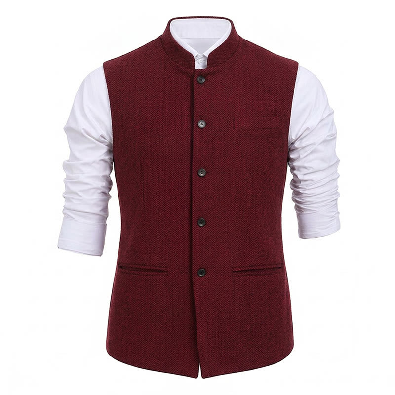 Men's Mandarin Collar Herringbone Tweed Waistcoat Suit Vest - image 24