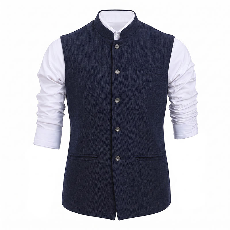 Men's Mandarin Collar Herringbone Tweed Waistcoat Suit Vest - image 28