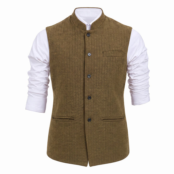 Men's Mandarin Collar Herringbone Tweed Waistcoat Suit Vest - image 31
