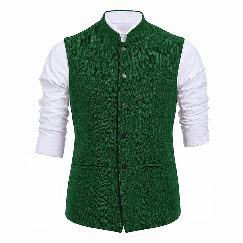 Men's Mandarin Collar Herringbone Tweed Waistcoat Suit Vest - image 25