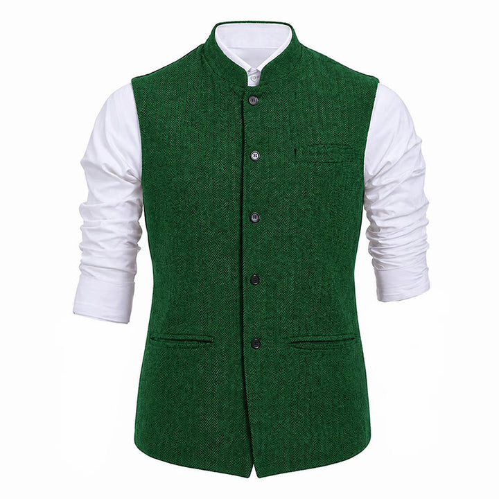 Men's Mandarin Collar Herringbone Tweed Waistcoat Suit Vest - image 25