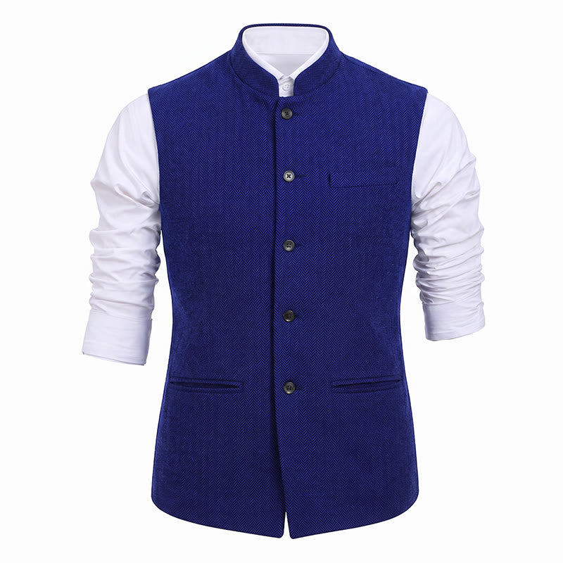 Men's Mandarin Collar Herringbone Tweed Waistcoat Suit Vest - image 26
