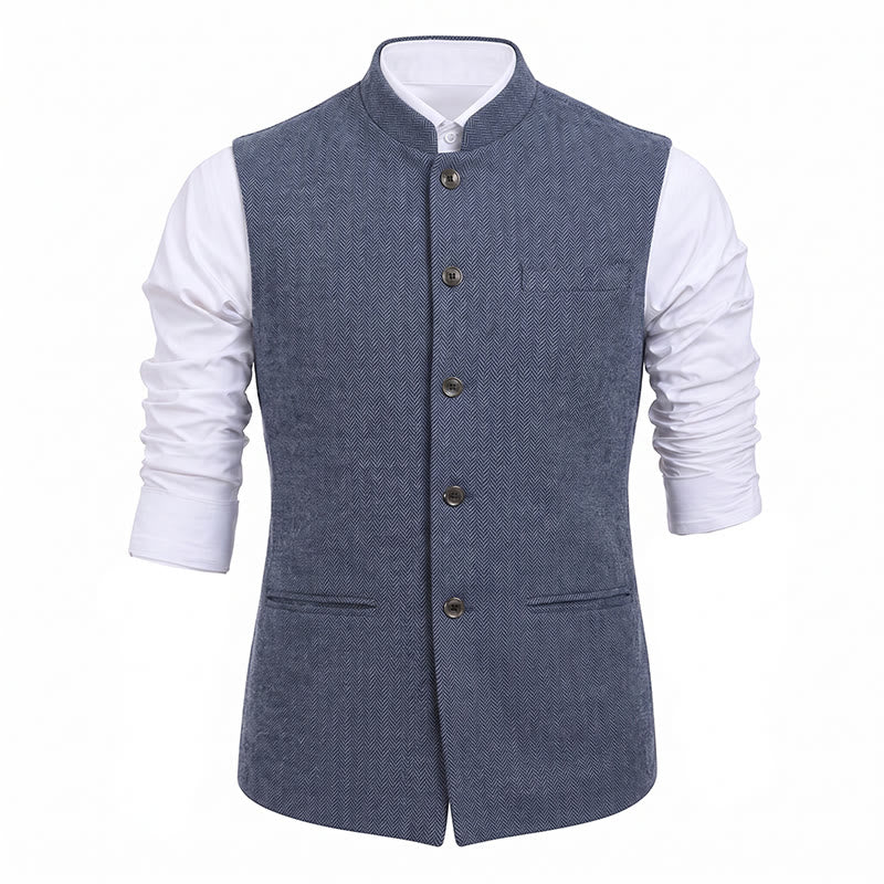 Men's Mandarin Collar Herringbone Tweed Waistcoat Suit Vest - image 30