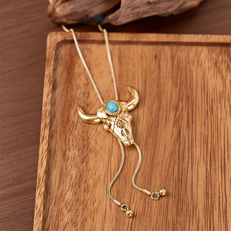 Ethnic Carved Turquoise Bull Skull Y-Shaped Bolo Necklace - Gold - image 4
