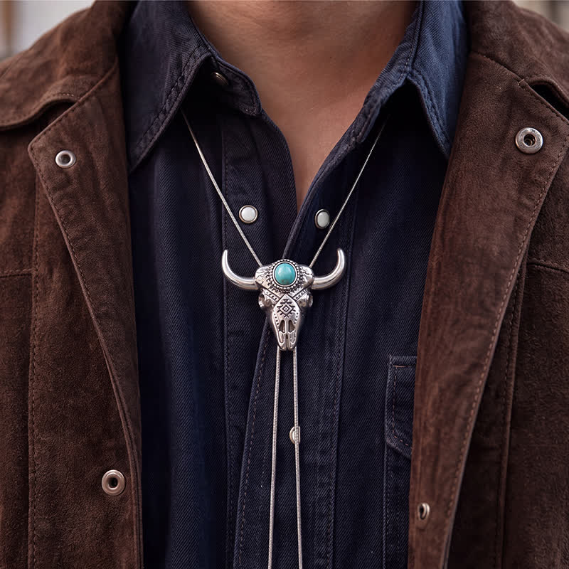 Ethnic Carved Turquoise Bull Skull Y-Shaped Bolo Necklace - image 1