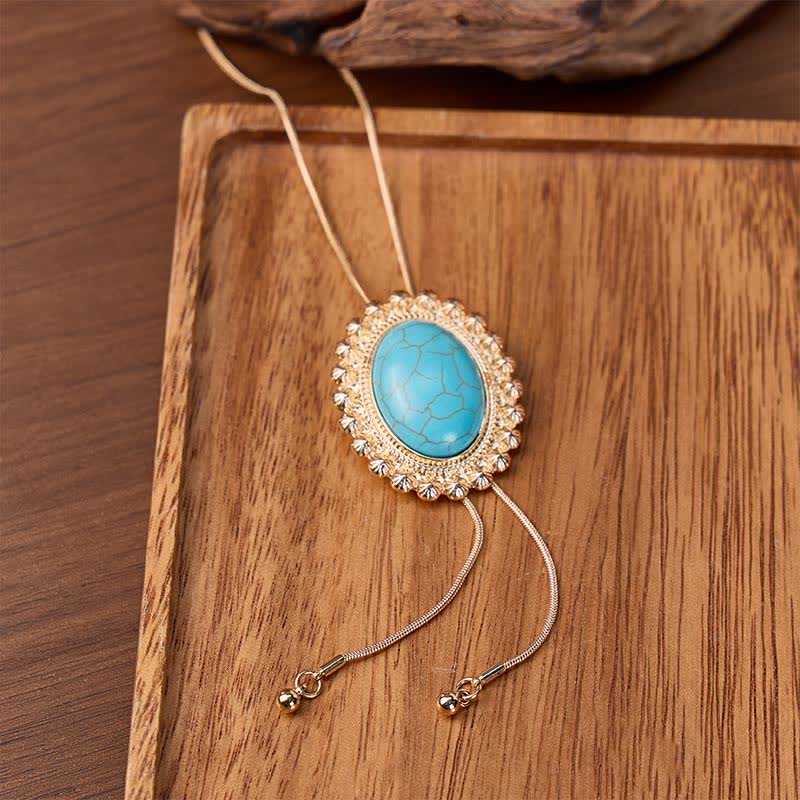 Desert Concho Large Oval Turquoise Y-shaped Bolo Necklace - Gold - image 0