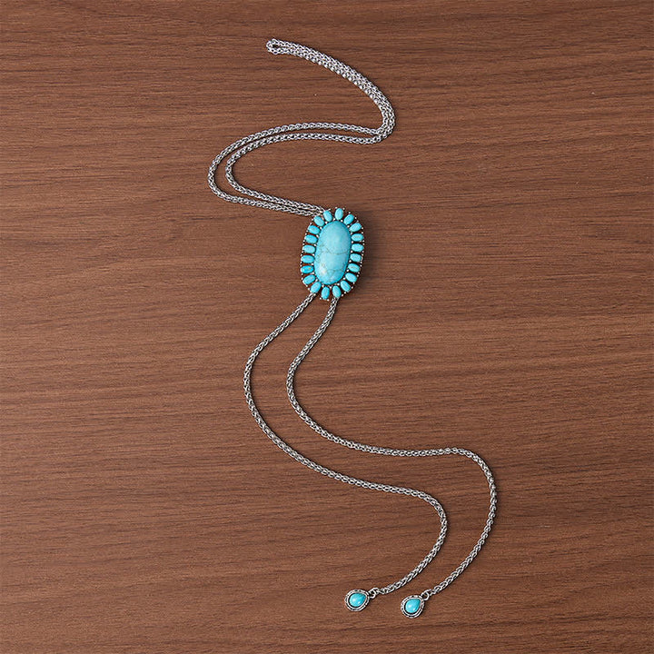 Boho Oval Turquoise Pendant Y-shaped Bolo Necklace With Two Teardrop Dangles - image 3