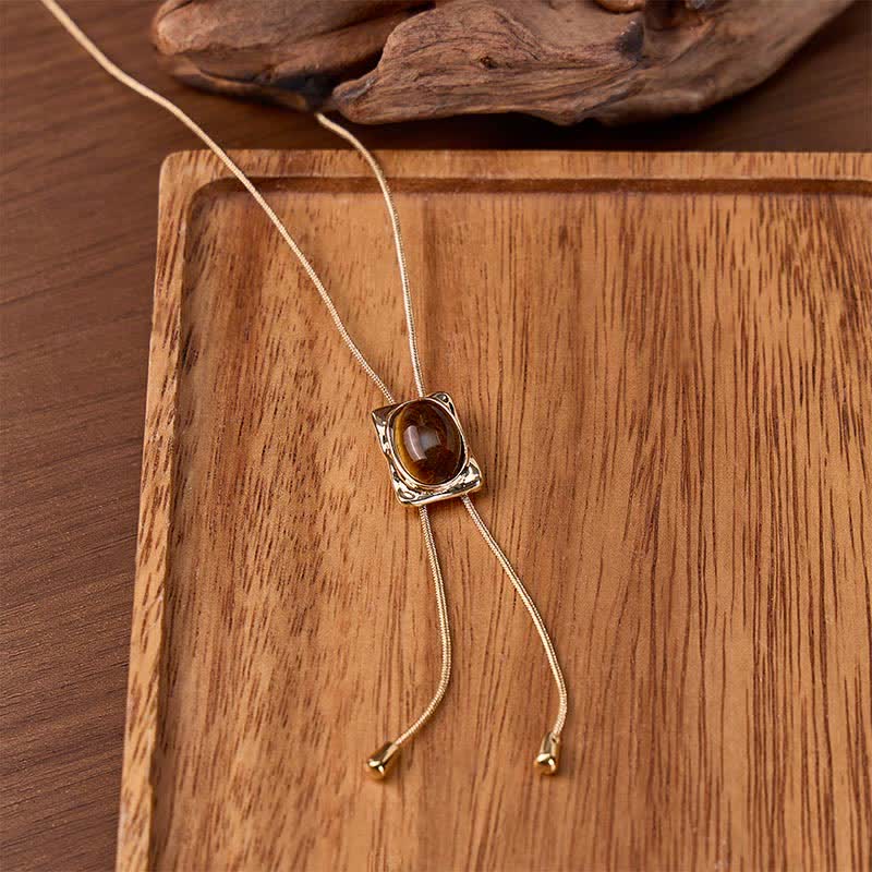 Tiger Eye Slider Square Pendant Y-shaped Lariat Bolo Necklace - Gold - image 0