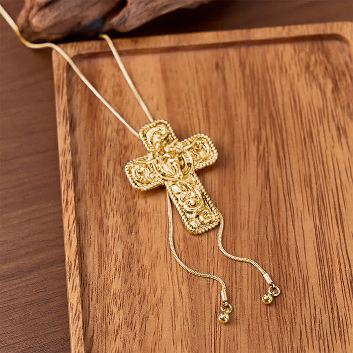 Cowboy Faith & Horns Engraved Scrollwork Y-shaped Bolo Necklace - Gold - image 4
