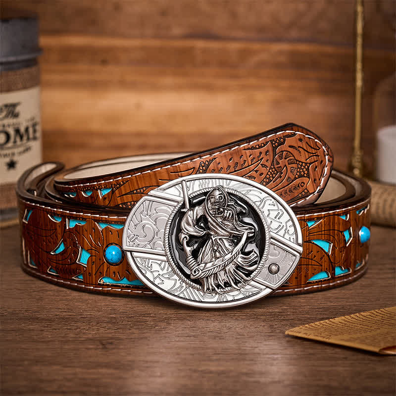 Death Skeleton Warrior DIY Hidden Folding Knife Buckle Leather Belt - Skeleton Warrior - Turquoise Carved Belt - 42 - image 3