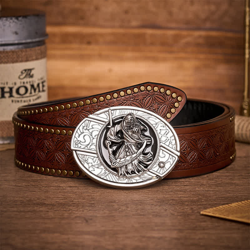 Death Skeleton Warrior DIY Hidden Folding Knife Buckle Leather Belt - Skeleton Warrior - Brown Rivet Belt - 42 - image 4