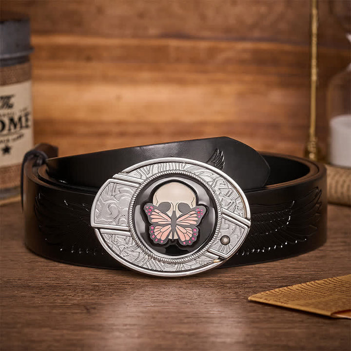 Life & Death Butterfly Skull DIY Hidden Folding Knife Buckle Leather Belt - Butterfly & Skull - Black Embossed Eagle Belt - 42 - image 2