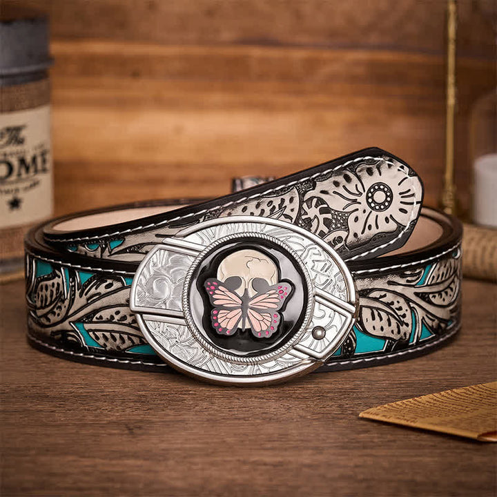 Life & Death Butterfly Skull DIY Hidden Folding Knife Buckle Leather Belt - Butterfly & Skull - Gray Floral Belt - 42 - image 8