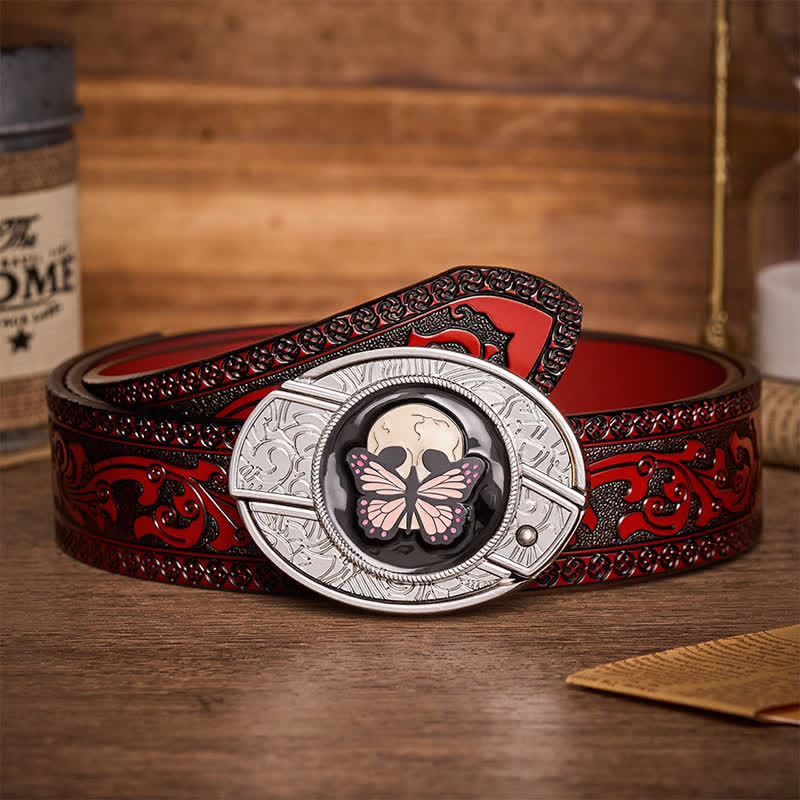 Life & Death Butterfly Skull DIY Hidden Folding Knife Buckle Leather Belt - Butterfly & Skull - Brown Carved Belt - 42 - image 6