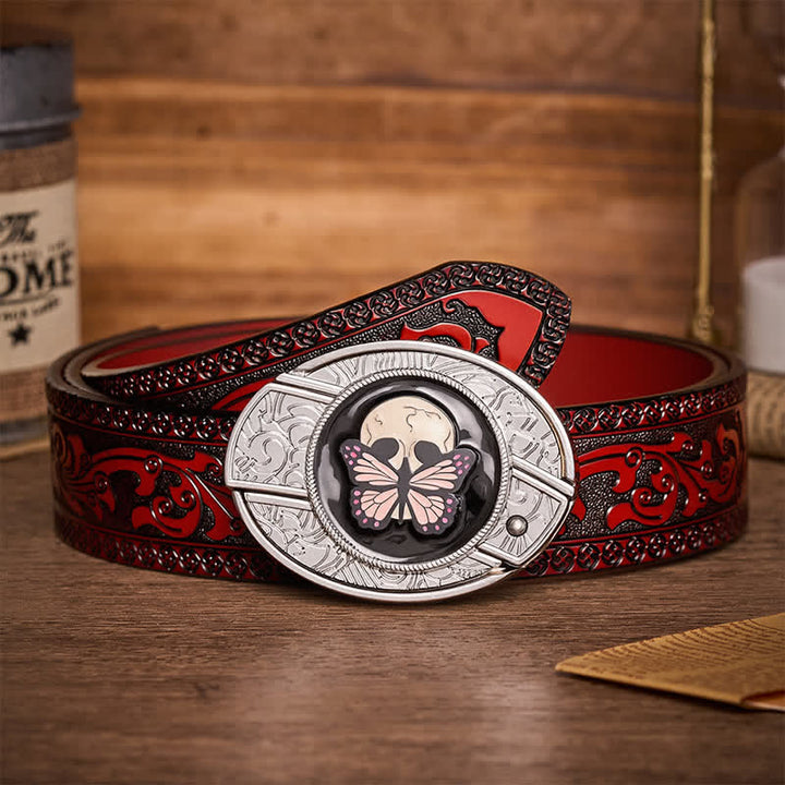 Life & Death Butterfly Skull DIY Hidden Folding Knife Buckle Leather Belt - Butterfly & Skull - Brown Carved Belt - 42 - image 6