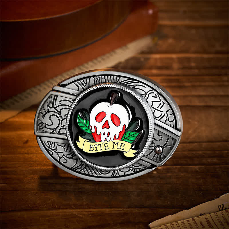 "BITE ME" Poison Apple Skull DIY Hidden Folding Knife Buckle Leather Belt - Skull & Apple - Without Belt - Not Included Belt - image 0