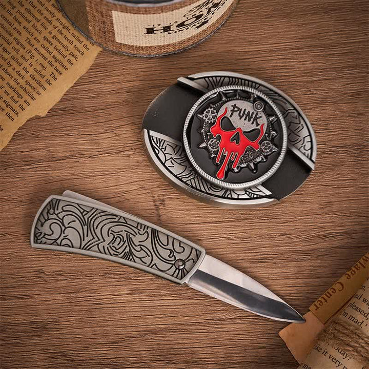 Blood Punk Skull DIY Hidden Folding Knife Buckle Leather Belt - image 1