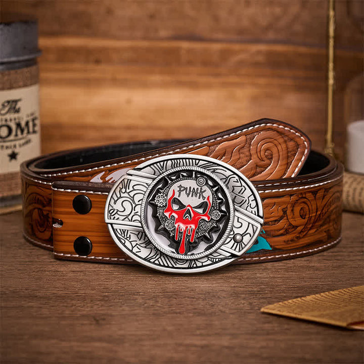 Blood Punk Skull DIY Hidden Folding Knife Buckle Leather Belt - Blood Punk Skull - Brown Feather Belt - 40 - image 7