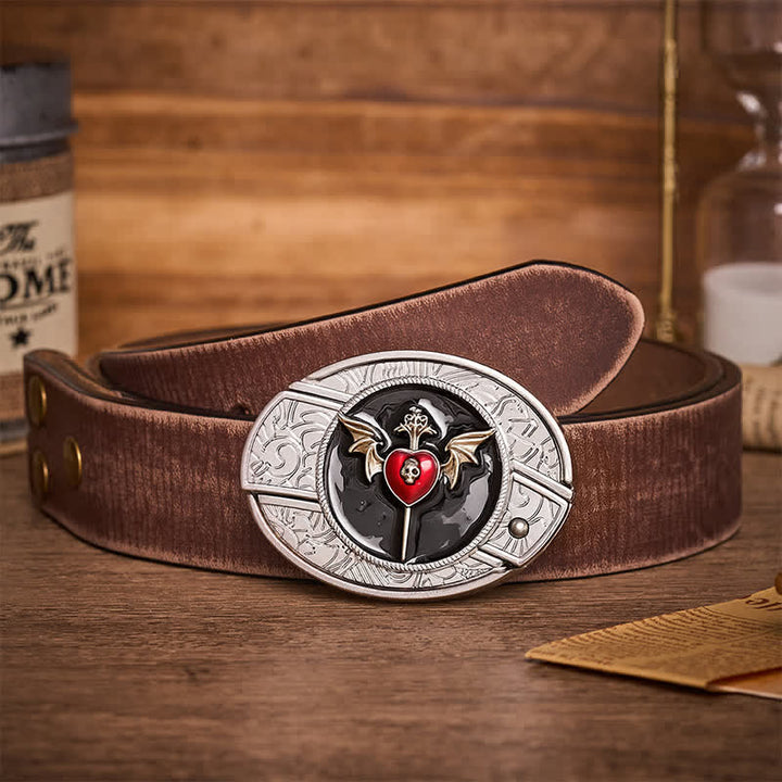 Bat Wings & Skull Vampire Heart DIY Hidden Folding Knife Buckle Leather Belt - Bat Heart - Brown Distressed Belt - 42 - image 5