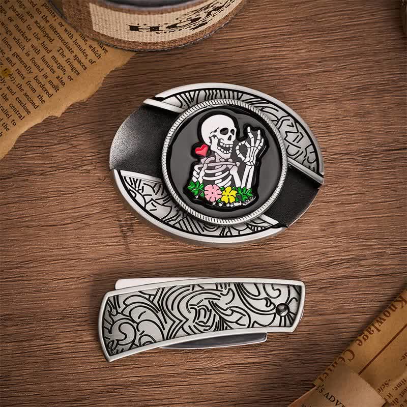 Okay Skeleton Flower DIY Hidden Folding Knife Buckle Leather Belt - image 10