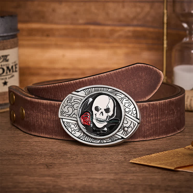 Gothic Skull Rose Kiss DIY Hidden Folding Knife Buckle Leather Belt - Skull Rose Kiss - Brown Distressed Belt - 42 - image 5
