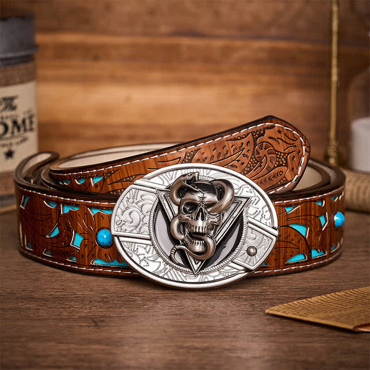 Triangle Demon Snake Skull DIY Hidden Folding Knife Buckle Leather Belt - Snake Skull - Turquoise Carved Belt - 42 - image 3