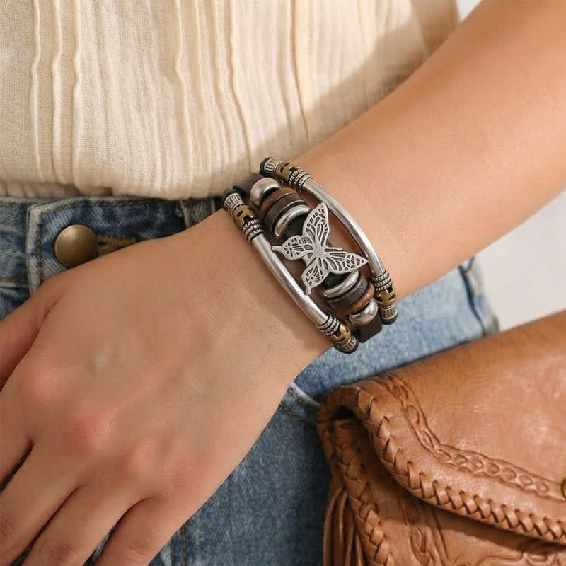 Vintage Butterfly Multi-Layer Viking Style Leather Bracelet - image 1