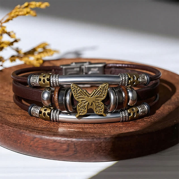 Vintage Butterfly Multi-Layer Viking Style Leather Bracelet - Brown & Bronze - image 6